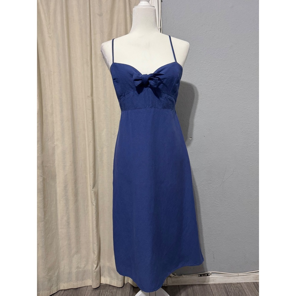 Adeline Cottagecore Blue Linen Blend Midi Dress L Bow Sweetheart Neck Smocked - Picture 2 of 13